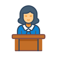 Flat design icon of female speaker behind podium