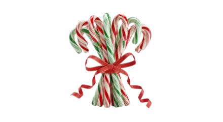 Festive candy cane bouquet isolated on transparent background, tied with a red ribbon, a sweet and colorful treat for the holiday season