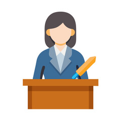 Woman at Podium Speaking, Flat Illustration on Black Background