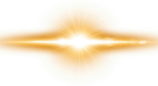 Bright golden horizontal lens flare effect radiating warm light rays for abstract design graphics isolated PNG with Transparent Background