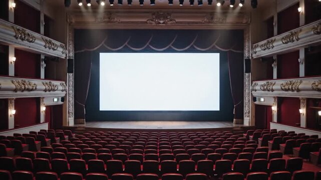 Empty Theater with Blank Screen and Red Seats Ready for a Performance.