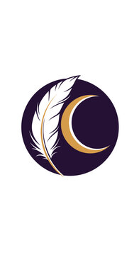 Logo circular elegante con una pluma blanca y una luna creciente dorada sobre fondo morado oscuro, simbolizando creatividad y noche.