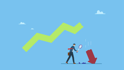 Businessman analyst using magnification glass to look at red crash graph arrow. Market crash analysis, learn from failure or crisis and recession data, analyze or measure investment downturn.