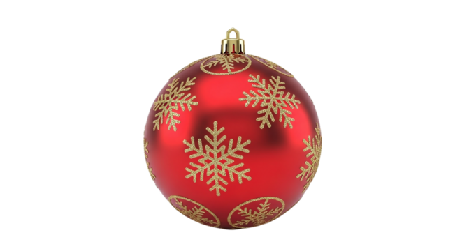 Elegant red christmas ball ornament with gold snowflake pattern isolated on transparent background, perfect for adding a festive touch to your holiday tree