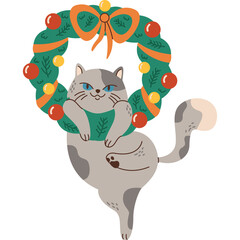 A Fluffy Gray And White Cat With Blue Eyes Dangles From A Green Christmas Wreath Decorated With Red And Yellow Ornaments And An Orange Bow Against A Transparent Background