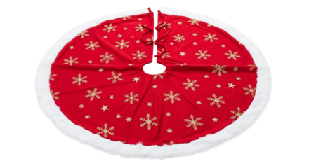 Festive red christmas tree skirt with gold snowflake pattern isolated on transparent background, perfect for holiday decor and adding a touch of elegance to your home