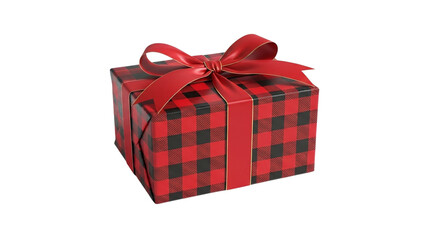 Red and black buffalo plaid gift box with ribbon isolated on transparent background, a present for christmas, birthday or other celebration