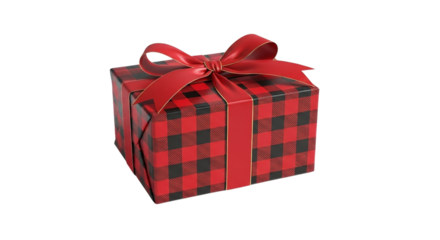 Red and black buffalo plaid gift box with ribbon isolated on transparent background, a present for christmas, birthday or other celebration