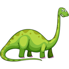 A friendly cartoon dinosaur with a long neck and green skin stands on a transparent background illustration