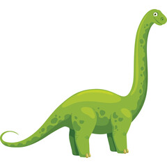A friendly green cartoon dinosaur with a long neck and tail stands on a transparent background depicted in a pixelated art style with a cheerful expression