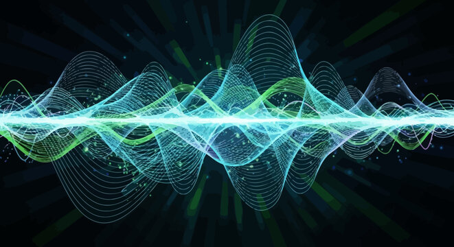 Ondas de energ&iacute;a abstractas y brillantes en tonos azules y verdes sobre un fondo oscuro, representando conceptos de sonido, luz o datos.