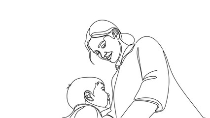 High-Quality Black Continuous Line Art of Low-Angle View from Child’s Eye Level, Mother Figure Towering Above in Tender Minimalist Moment