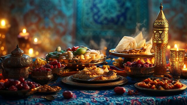 Traditional ramadan iftar table with dates, middle eastern food and sweets