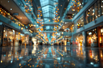 Fototapeta premium Shopping mall blur background with holiday lights