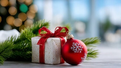 Christmas Gift and Ornament: A festive close-up of a Christmas gift box adorned with a red ribbon and a vibrant red ornament with a snowflake design. - Powered by Adobe