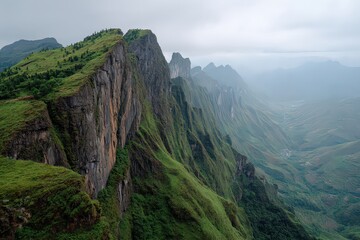 Fototapeta premium Rugged Mountain Ridge With Green Vegetation Under Overcast Sky in Nature