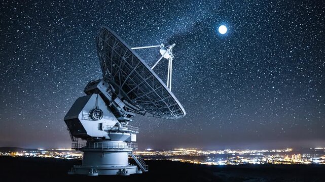 Majestic Satellite Dish Scans Starry Night Sky Over Illuminated Cityscape