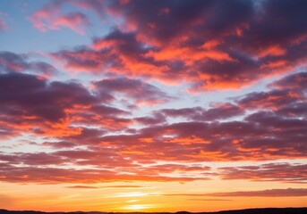 A peaceful evening sky with scattered cumulus clouds glowing in warm orange, pink, and light blue hues. The sun sets below the horizon, casting soft light rays upward. Captured in full HD from a groun