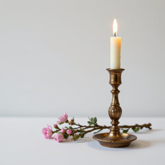 Elegant candle holder with lit candle beside delicate pink roses, creating serene and romantic atmosphere. warm glow of candle enhances beauty of floral arrangement