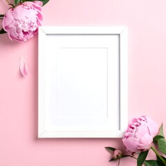 Pink peonies surround a white frame on a pink background
