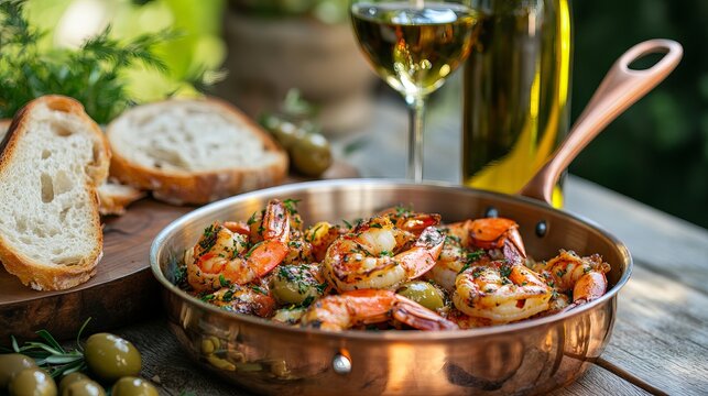 Romantic italian outdoor lunch with spicy garlic shrimps, wine and olives