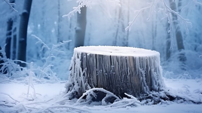Icy blue waterfall and frozen river in a white winter forest landscape with icicles on rocks and trees on a cold day