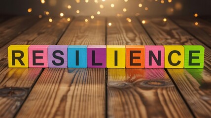 Resilience word on colorful wooden blocks, motivation and mental strength concept with bokeh lights.