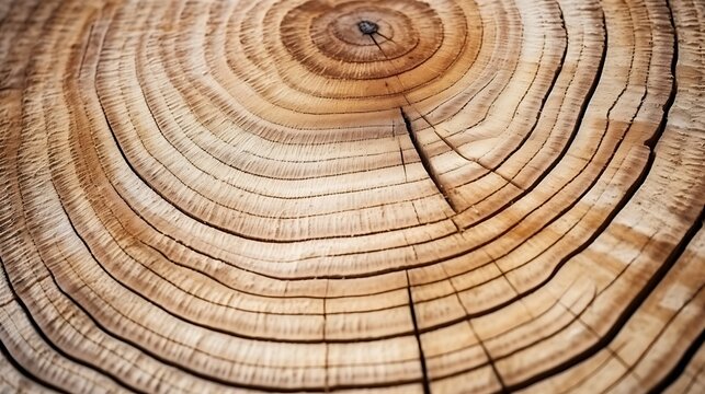 Macro closeup of natural wooden tree trunk cross section texture with annual rings pattern