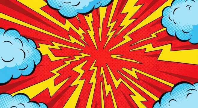 Dynamic comic book panel with energy beams and halftone cloud elements