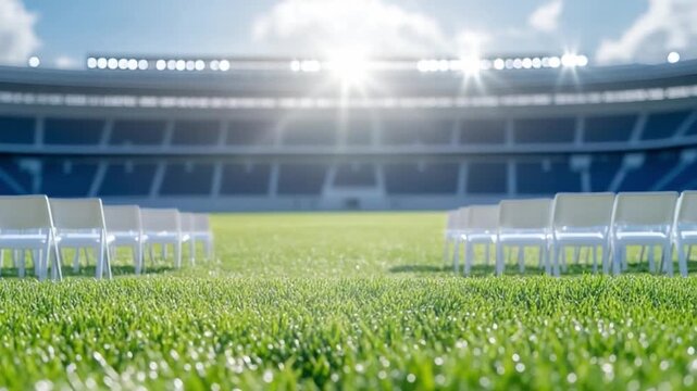 Stadium Seating on Lush Field: A view of rows of seats arranged on a vibrant green field, set against a backdrop of a majestic stadium under a sunny sky.