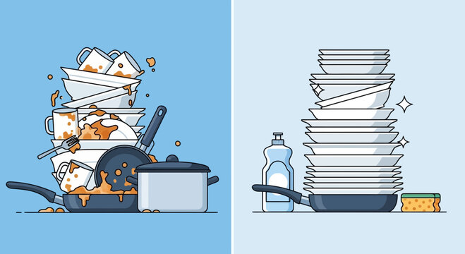 Illustration depicting a comparison of dirty dishes stacked messily versus clean dishes neatly stacked, with soap and sponge.