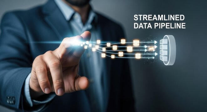 Businessman's finger touching glowing digital data pipeline with flowing information database icons, for streamlined data processing analysis for