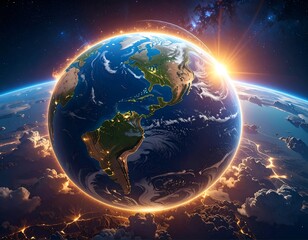 A breathtaking depiction of planet Earth, bathed in the golden light of the sun, with continents illuminated, set against a star-filled cosmos