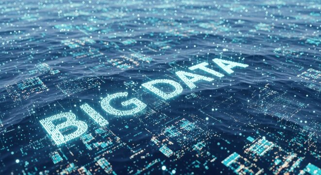 Digital ocean glowing data streams forming words "big data" in conceptual representation information flow technology