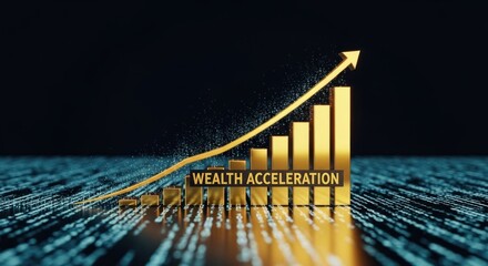 Golden chart with upward trending line text wealth acceleration against digital background for growth success