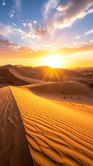 A breathtaking landscape depicts sun rays streaming over sand dunes during a radiant sunset. The sky displays hues of blue, yellow, and orange