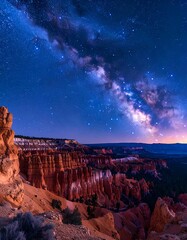 A breathtaking landscape photo captures a starry sky over unique rock formations illuminated by soft light. The Milky Way dominates