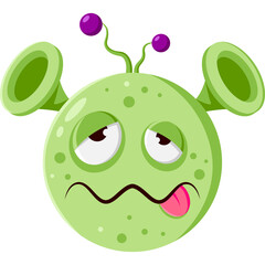 A Green Round Cartoon Monster Emoji With Antennas And Large Horns Showing A Sick Or Tired Expression With Its Tongue Sticking Out Against A Transparent Background