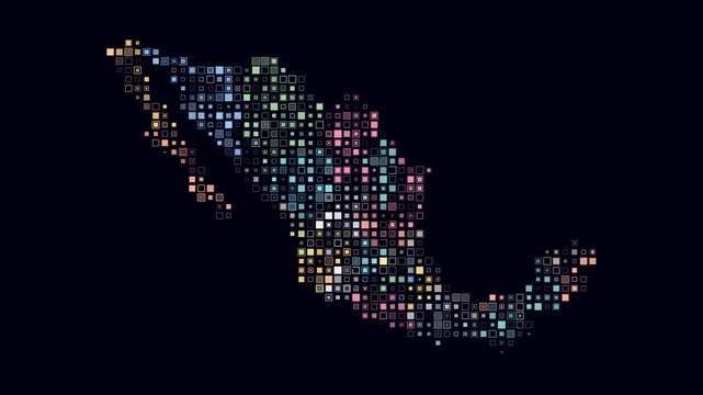 Mexico animated country shape. Pulsating colored dots on the map of the country. Small size square blocks. Digital style Mexico map on dark background. Abstract animation video.