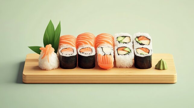 Assorted sushi rolls and nigiri on bamboo board with fresh japanese ingredients