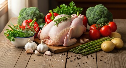 Raw chicken surrounded by vegetables, ready for cooking on a wooden table.