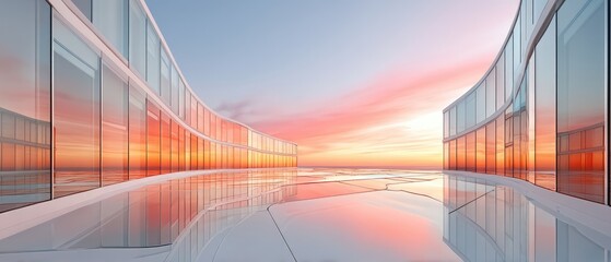Modern Curved Glass Building Facade Reflecting a Vibrant Sunset Sky with Orange Pink and Blue Hues Over a Mirrored Surface