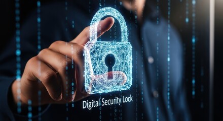 Hand touching glowing digital padlock composed binary code data streams, for cybersecurity information protection