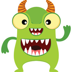 A Green Cartoon Monster With Big Eyes Horns And Wide Smile Waving Its Hand on Transparent Background, Fun Character Illustration