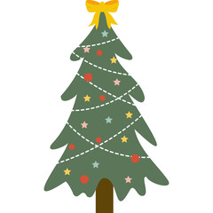 A Green Christmas Tree Decorated with Red Ornaments Yellow Stars and White String Lights Topped with a Yellow Bow on a Transparent Background