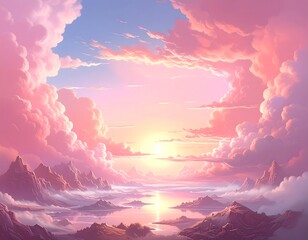 A breathtaking landscape with pink clouds and a sun setting over a misty lake reflecting the sky. Mountains frame the horizon