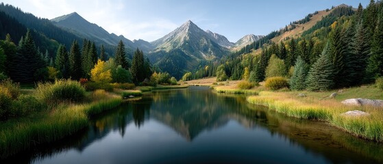 Fototapeta premium Panoramic Mountain Lake Reflection with Lush Green Trees and Autumn Foliage Under Clear Blue Sky