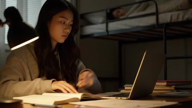 Dedicated student intensely focuses on late-night study session, diligently working on her laptop and textbook illuminated by desk lamp in her room