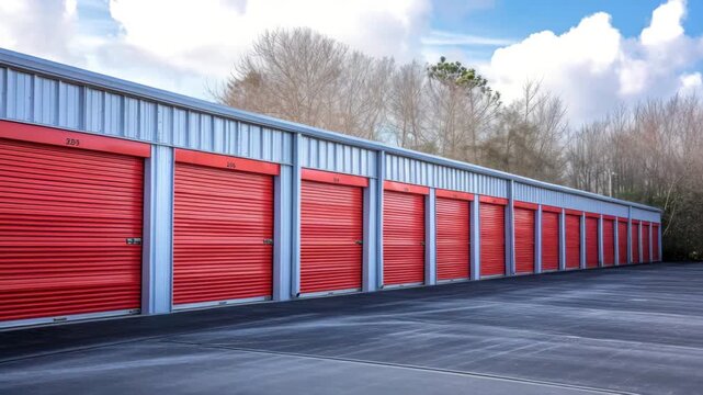 Brightly colored storage units lined up in a well-maintained facility during the day