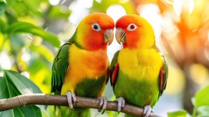Colorful Lovebird Pair Sitting on Tree Branch in Natural Green Environment